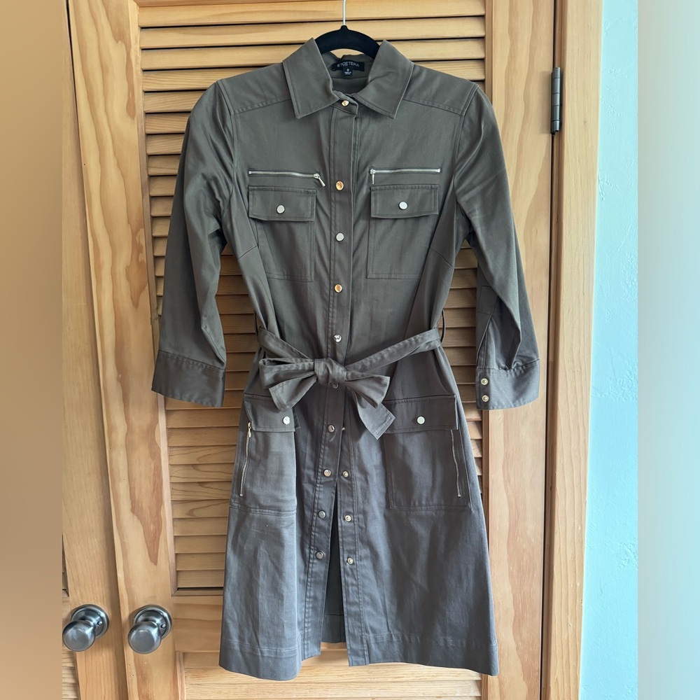 Green button down dress with cargo pockets and gold accents